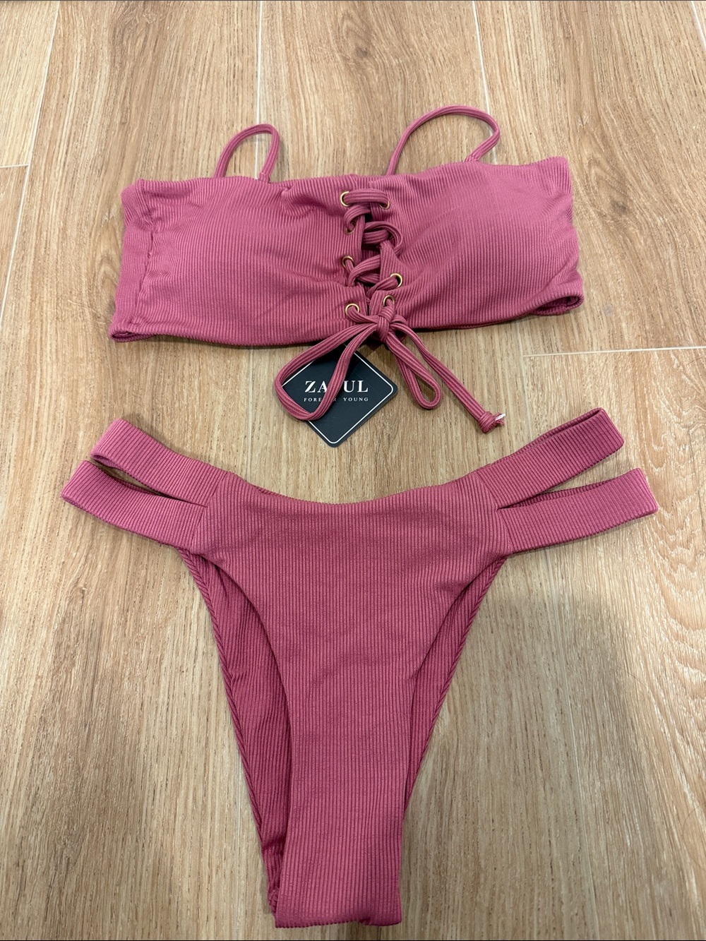 Zaful Lipstick Pink Ribbed Lace-Up Bandeau Bikini